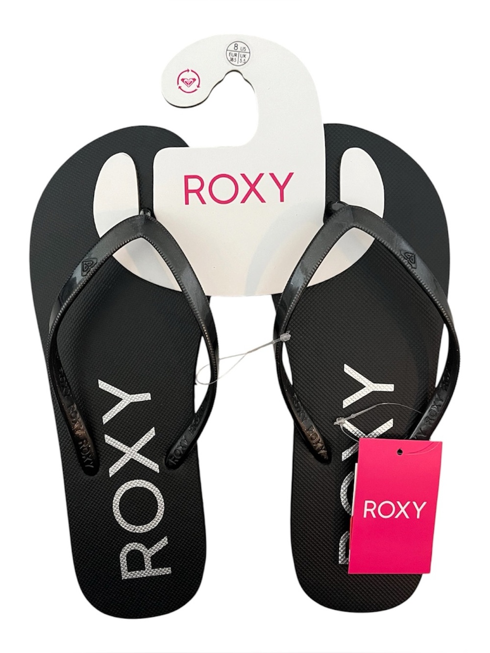 Roxy Melon Black Silver Flip Flops NEW Women’s Size 8